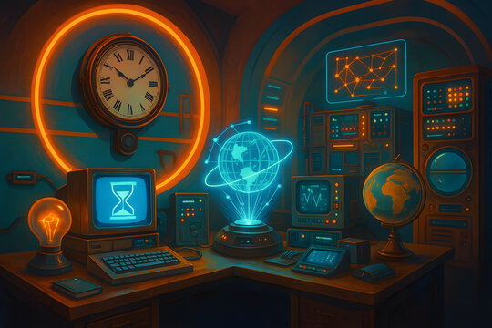 A retro futuristic laboratory control room filled with glowing neon gadgets, vintage computers, clock, and holographic Earth, symbolizing time travel..