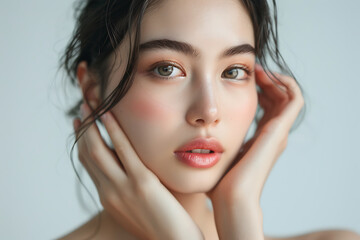 顔に手を添える日本人女性の美しいビューティーポートレート
