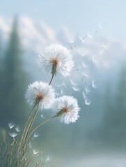 Obraz premium Close-up of dandelion flowers with delicate seeds dispersing in the wind on a misty mountain background du early morning light