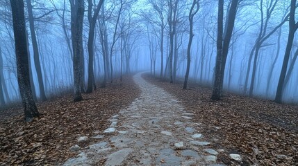 Misty forest path winding into the distance