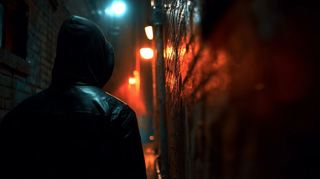 A person is walking down a dark alleyway - Powered by Adobe