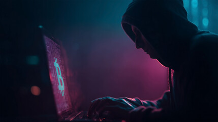 A man is typing on a laptop with a Bitcoin symbol on the screen