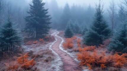 Misty, frosted forest path winds through a stand of evergreens