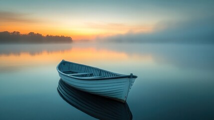 Misty sunrise, tranquil lake, lone boat
