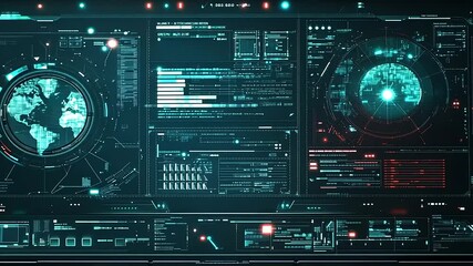 Futuristic digital interface displaying global data analytics and monitoring systems in a tech environment - Powered by Adobe