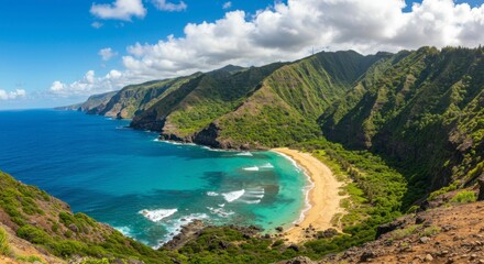 Fototapeta premium Secluded cove with golden sand, turquoise water, and lush green mountains under a vibrant blue sky