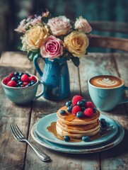 A delightful breakfast scene featuring pancakes berries coffee and flowers on a wooden table top view