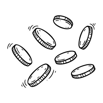 Hand-drawn floating coins illustration with vibrant motion lines. Vector hand-drawn doodle illustration