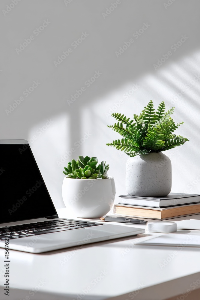 Poster Modern workspace with laptop and potted plants on desk with books and sunlight casting shadows for productivity and calm atmosphere
