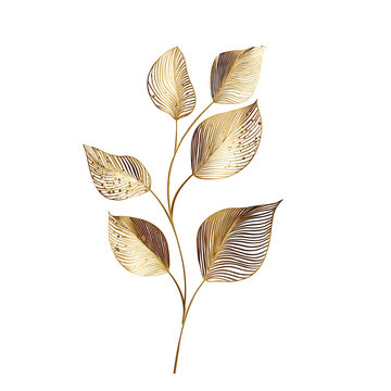 Fototapeta Golden leaf sprig with elegant metallic texture and fine lines, creating luxurious botanical motif perfect for minimalist design and decorative elements