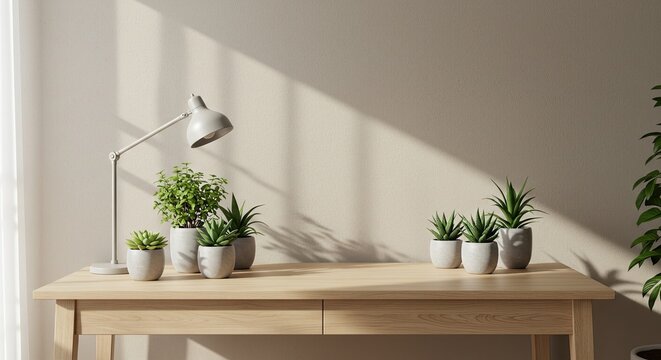 Indoor Scene with Wooden Desk Plants and Adjustable Lamp Against a Textured Wall with Natural Sunlight Casting Shadows Creating a Minimalist Aesthetic - Powered by Adobe