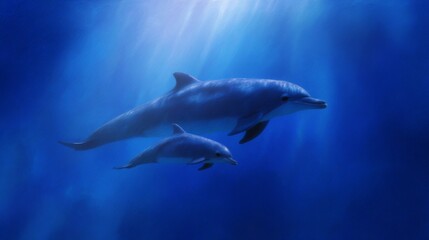 Fototapeta premium A serene underwater scene featuring dolphins swimming gracefully in blue hues. Their movement creates a tranquil atmosphere. This image captures the beauty of marine life and nature. AI