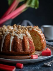 A rhubarb bundt cake with glaze and crumble topping on a plate with rhubarb stalks visible behind