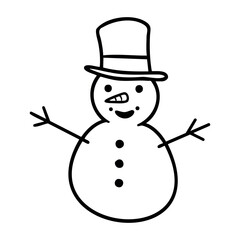 Simple snowman illustration with top hat and stick arms. Vector hand-drawn doodle illustration