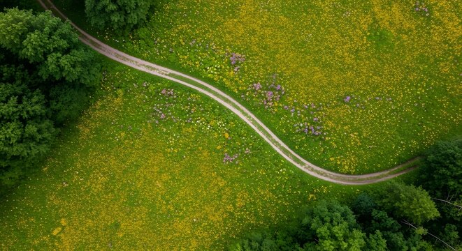 Aerial view of a winding dirt road through a vibrant green meadow, bordered by trees.