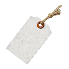 White blank tag with textured fabric material and brown eyelet attached to rough twine string for branding or labeling