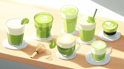 Refreshing Green Drinks Displayed on a Light Wooden Table Surface