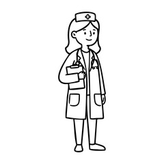 Fototapeta premium Female nurse illustration with medical uniform and clipboard. Vector hand-drawn doodle illustration
