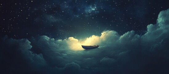 Dreamy boat floats on clouds at night