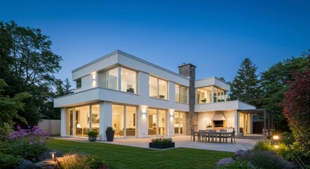 Fototapeta premium Modern home with expansive windows, outdoor patio, and lush landscaping at twilight