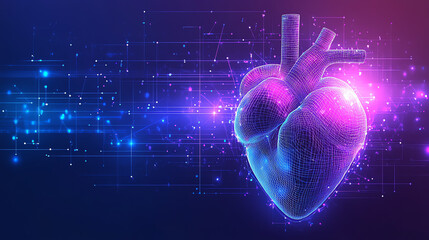 Futuristic Digital Wireframe Human Heart with Glowing Effects 