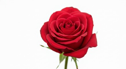 A single, deep red rose, fully bloomed, isolated on a white background.  Its petals are tightly furled