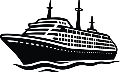 Stylized black and white illustration of a large cruise ship sailing on wavy water