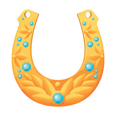 Illustration of decorative horseshoe with various natural details and gemstones on clean white background.