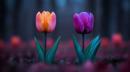 Orange and Purple Tulips Standing Out in Field of Red Flowers