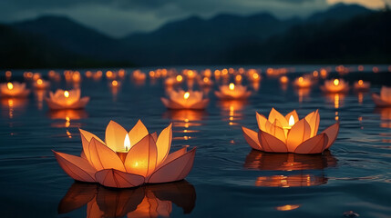 Glowing lotus lanterns floating in the water by the river at night, the theme background of the Ghost Festival