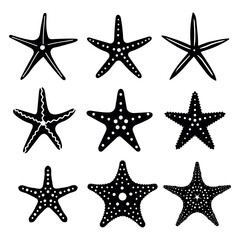 Starfish Silhouette Set. Collection of Sea Star Shapes in Flat Black Design for Ocean-Themed Decor and Marine Icons