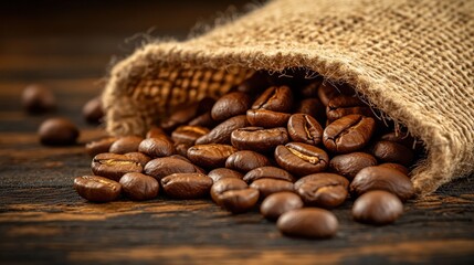 Roasted coffee beans spilling from burlap sack onto wooden table