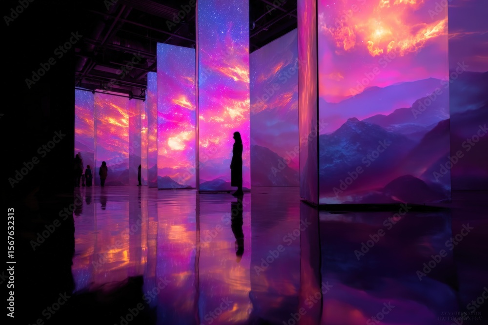 Poster Immersive Digital Art Exhibit Featu Large Interactive Screens Displaying Vibrant Sunset and Mountain Landscape Scenes with Visitors Explo
