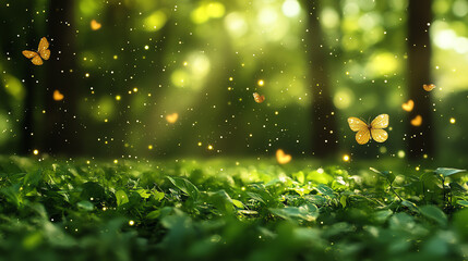 Enchanted Forest with Golden Butterflies and Glowing Lights
