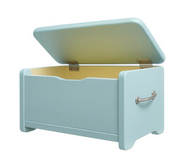 A small, pastel-colored wooden toy chest with a hinged lid, perfect for storing toys in a child's bedroom.