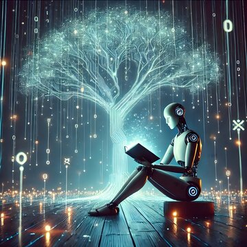 Humanoid AI robot reading under glowing digital tree with binary rain in surreal futuristic landscape.