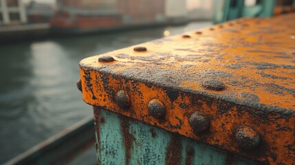 Rusty orange metal, corner of a bridge over water