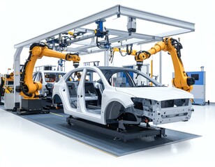 Automated assembly line with robotic arms.