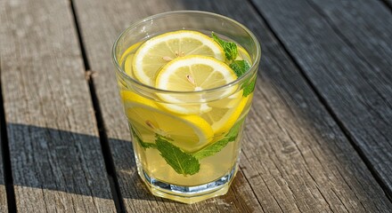 Lemonade Glass With Sliced Lemon and Mint Leaves on a Rustic Wooden Table in Daylight