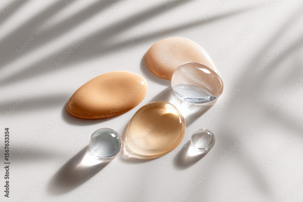 Poster close-up of various smooth oval and round glass and plastic decorative stones on white surface with 