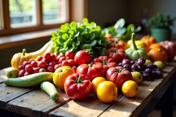Vibrant Array of Fresh Fruits and Vegetables on a Rustic Wooden Table with Sunlight Streaming In