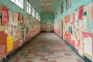 Fototapeta premium Old abandoned train station corridor with graffiti on the walls and doors.