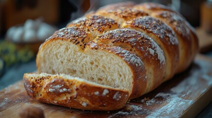 Sliced artisan loaf, sprinkled with seeds, on a wooden board