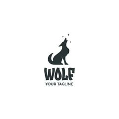 A simple and modern wolf logo featuring a clean, bold silhouette of a howling wolf with stars. Perfect for brands that want a strong, wild, and professional identity.