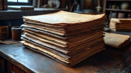Stack of aged papers on wooden table