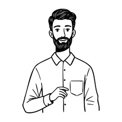 Smiling young caucasian male with beard in line art illustration. Vector hand-drawn doodle illustration
