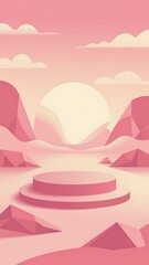 Pink Pastel Sunset Landscape with Minimalist Geometric Podium Ideal for Product Displays or Artistic Backgrounds
