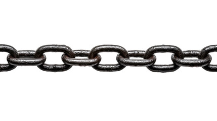 A long metal chain lays across the frame in a straight line against a stark, contrasted background.
