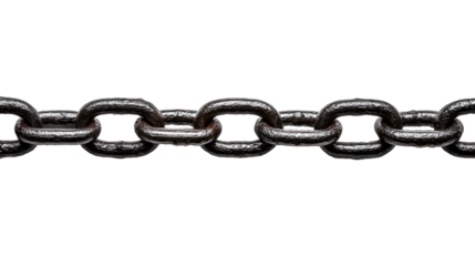 A long metal chain lays across the frame in a straight line against a stark, contrasted background.