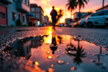 - Capturing Water Droplets on Spider Web Up Close at Sunrise - Cityscape Mirrored in Puddle from Above on Rainy Day - Creating a Cinematic Scene of Individual Walking Solo